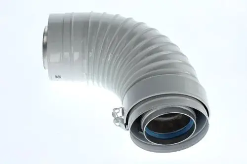 Bogenformendes Rohr, gefertigt aus grauem Material, mit Sicht auf die Innenseite und einer Befestigungsclamp. Produkt von Bosch zur Verbindung von Rohrsystemen.